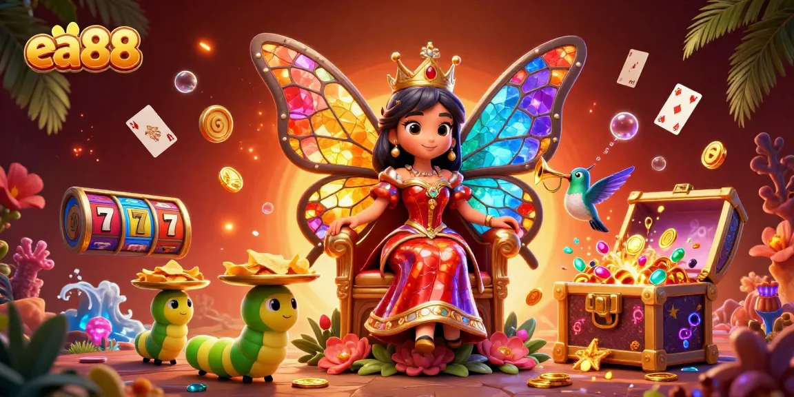 Experience vibrant gaming action at ea88 with a colorful 3D illustration of a butterfly queen and casino elements.