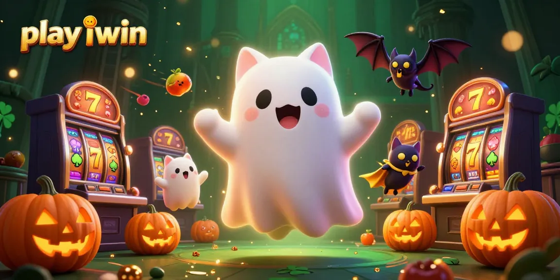 Play iwin by spinning slot reels alongside a ghost cat and vampire bat in a haunted casino scene.