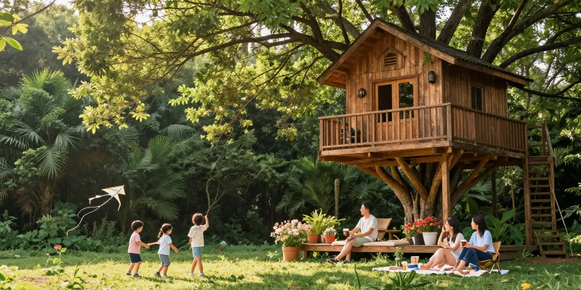 Family enjoying treehouses lifestyle with picnic and playful children in nature
