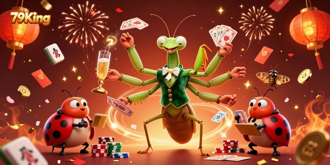 Engage in thrilling gaming at 79King with a vibrant 3D casino scene featuring a delightful praying mantis dealer and a ladybug pit boss.