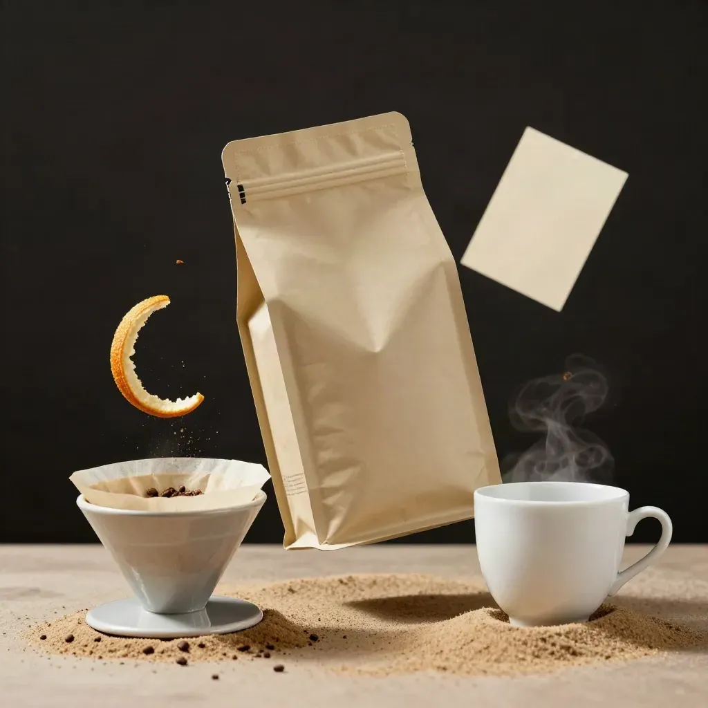 Floating Yirgacheffe coffee bag with citrus peel, parchment cone and white cup against a dark field