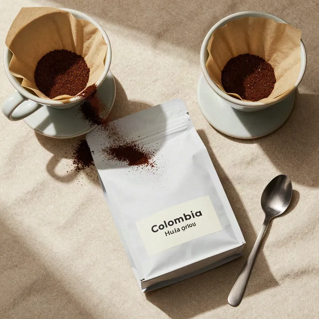 Overhead coffee flatlay with pouch, dripper, filter cone, spoon, and falling grounds on linen.