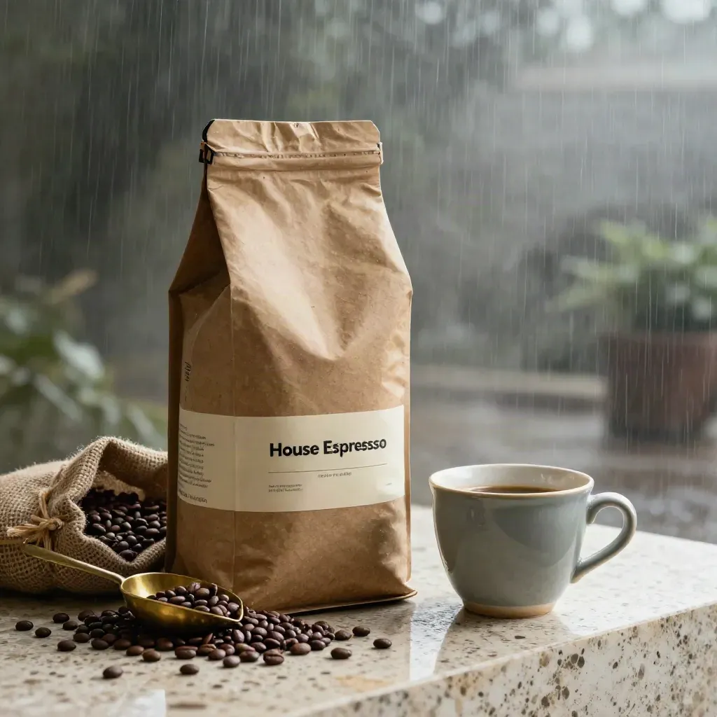 House Espresso coffee bag with demitasse, brass scoop, burlap sack, and glistening beans in rain mist.