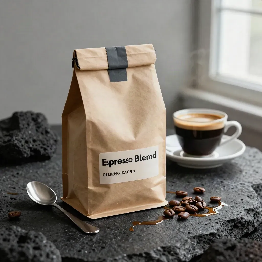 Espresso blend bag on wet basalt with spoon, cup, split beans, and a cream crema ribbon.