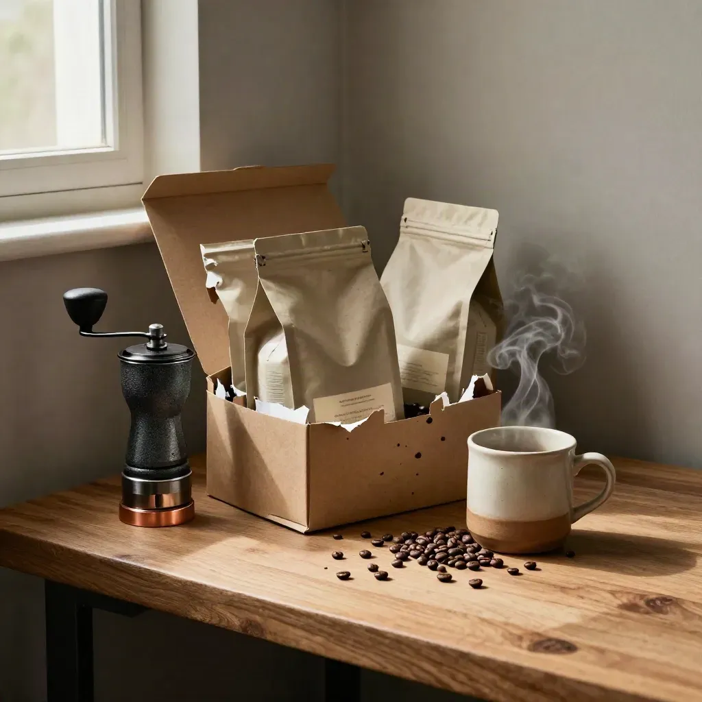 Open kraft carton with three coffee bags, grinder, steaming mug and scattered beans