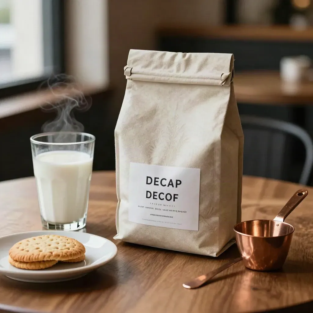 Swiss Water decaf coffee bag on fabric beside milk glass, biscuit plate and copper scoop