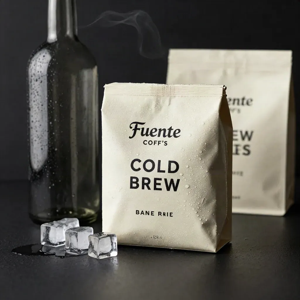 Cold brew pack with ice, glass bottle, and dark carafe on a matte-black surface.