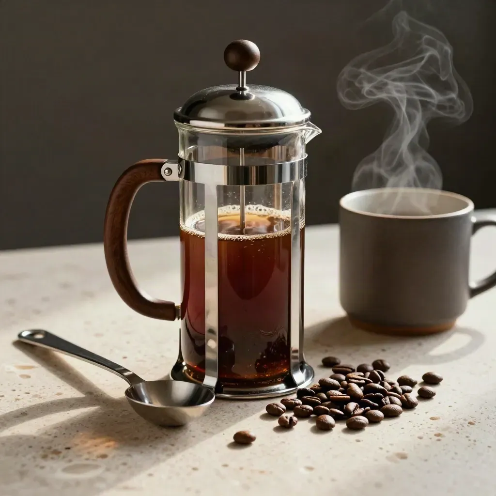 French press, scoop, mug and beans on pale stone with glowing coffee and steam.