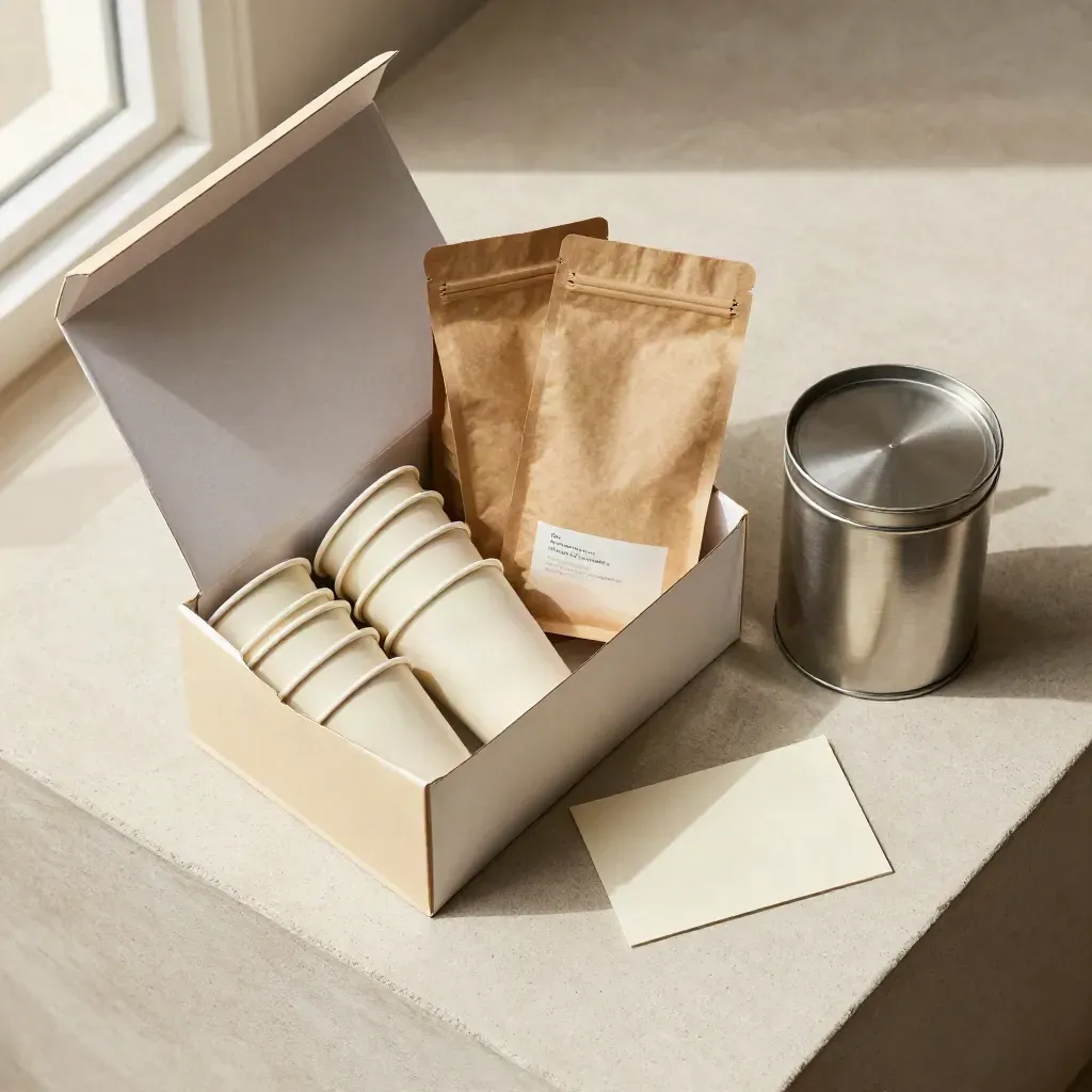 Open office coffee box with stacked cups, two bags, and a metal canister on pale concrete.