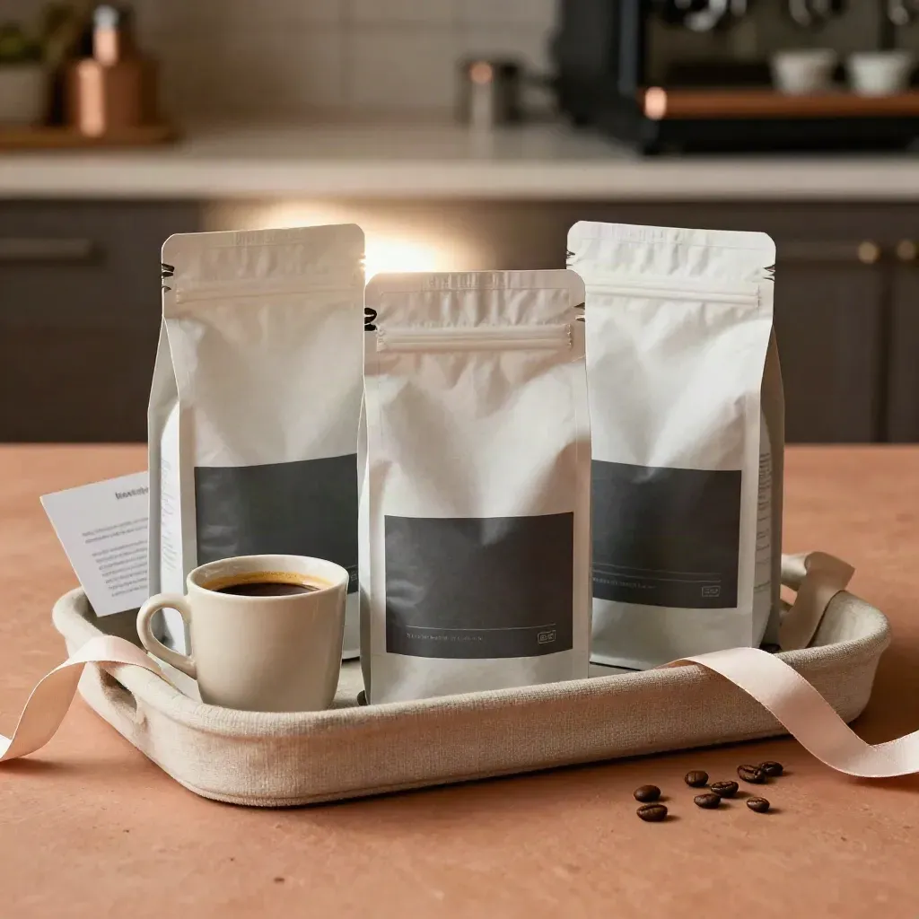 Three gift-ready coffee bags in a linen tray with ribbon, mug, and card.