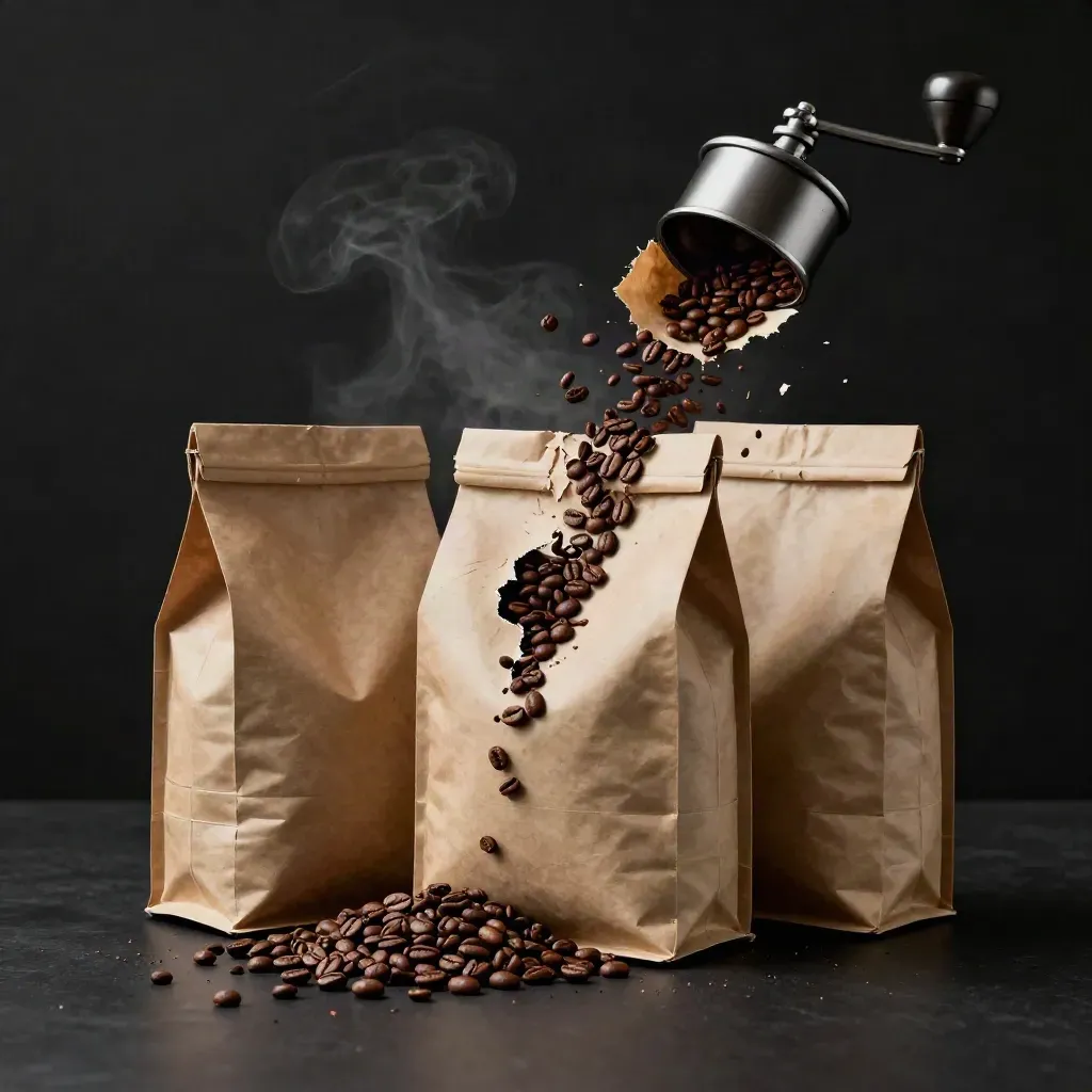 Three roast bags burst from a kraft mailer with beans, paper, steam, and a grinder top on dark matte black.
