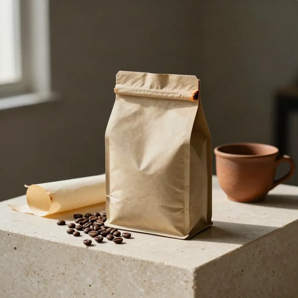 Coffee bag with roasted beans, parchment curl and clay cup on travertine.
