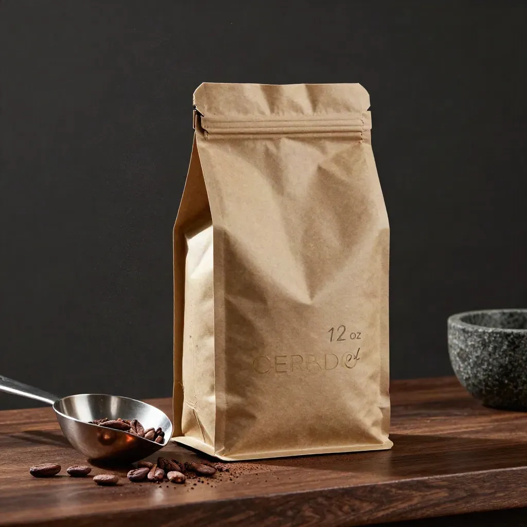 Macro coffee bag with scoop, cacao nibs, and stone cup on a dark shelf.