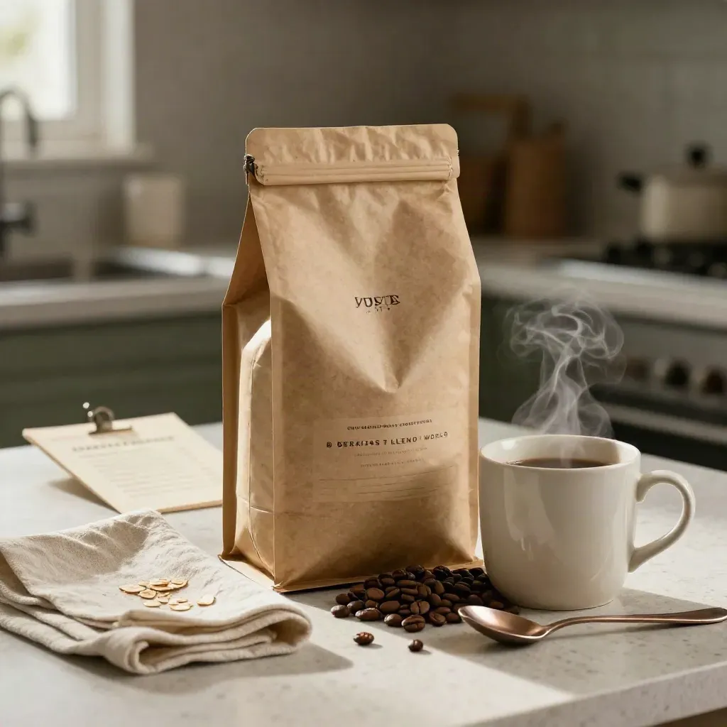 Breakfast coffee bag with steaming mug, linen napkin and spoon on a pale stone counter.