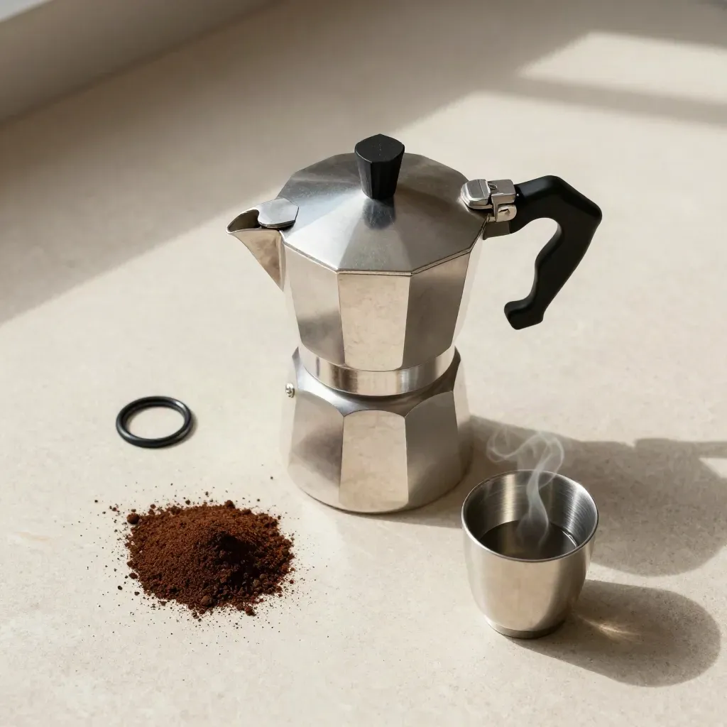 Top-down moka pot flatlay with grounds, gasket ring, and demitasse on pale stone.