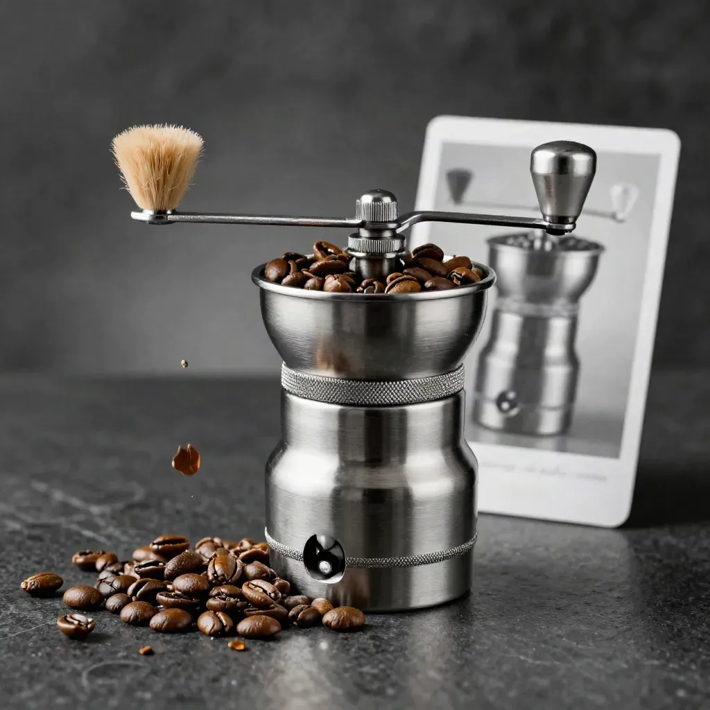 Stainless steel burr grinder with beans tumbling, brush, and dramatic rim light on dark stone.