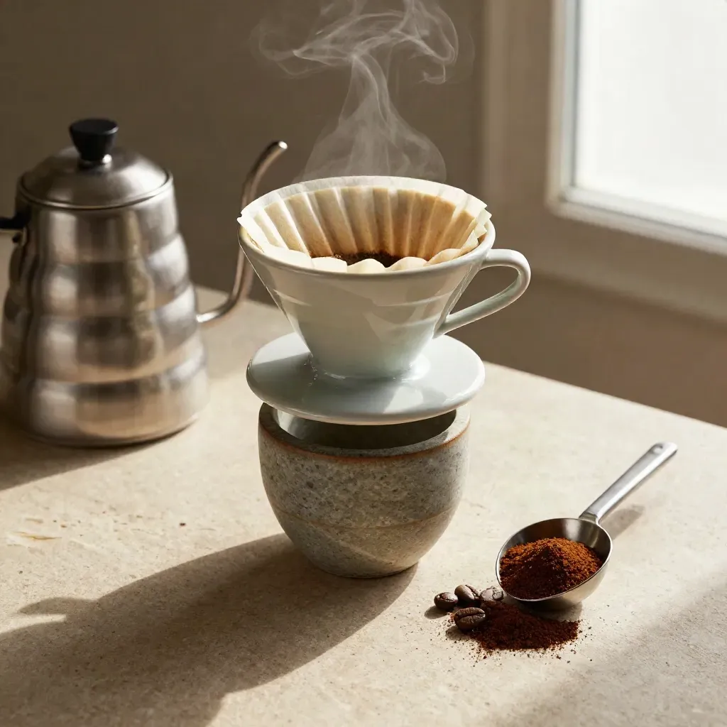 Pour-over kit with dripper, filters, kettle, stone cup, and bean scoop on limestone.