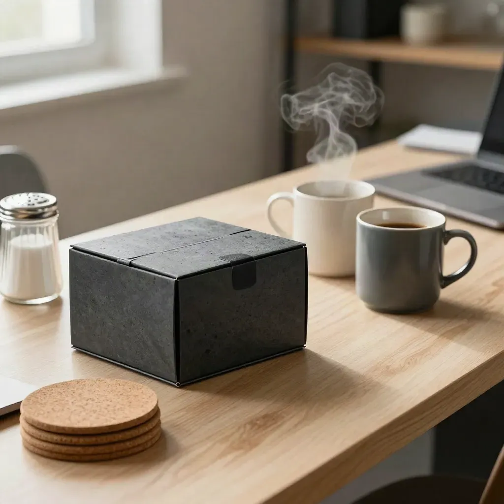 Charcoal coffee box with mugs, coasters, sugar jar, and a blurred laptop on an office surface.