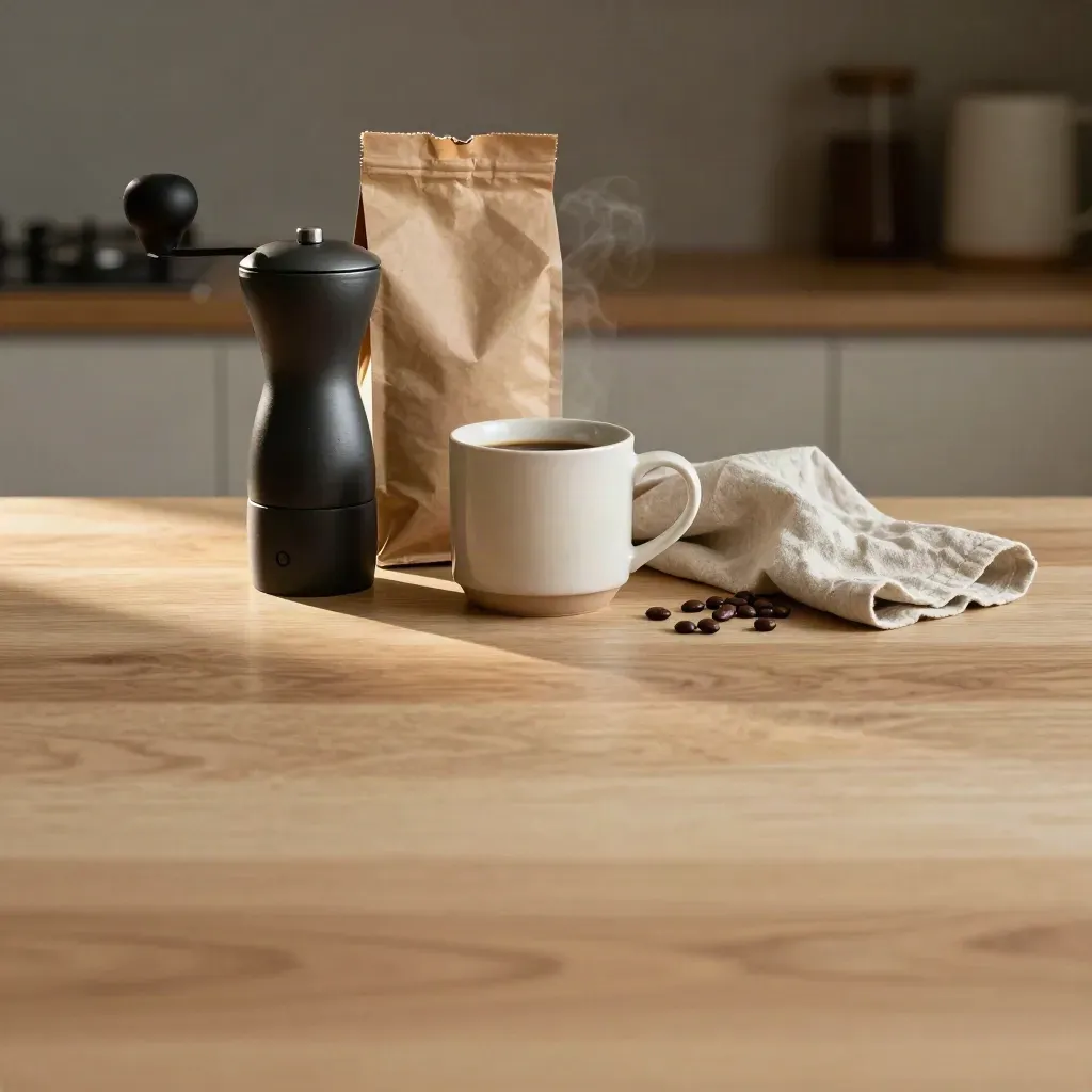 Pale oak ledge with grinder silhouette, ceramic mug and coffee bag edge in warm morning light.