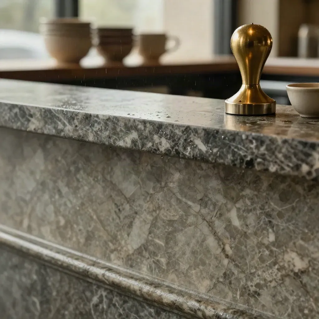 Rain-darkened marble café bar with brass tamper base and soft copy space