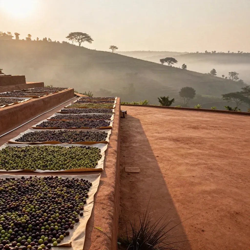 Golden-hour coffee terraces above misty hills, drying patios, and distant trees after a shower.