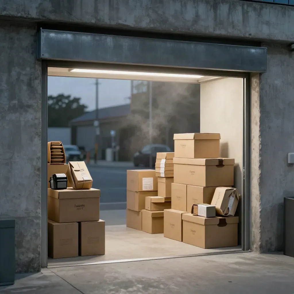 Blue-hour warehouse doorway with stacked coffee gift boxes and warm light on concrete.