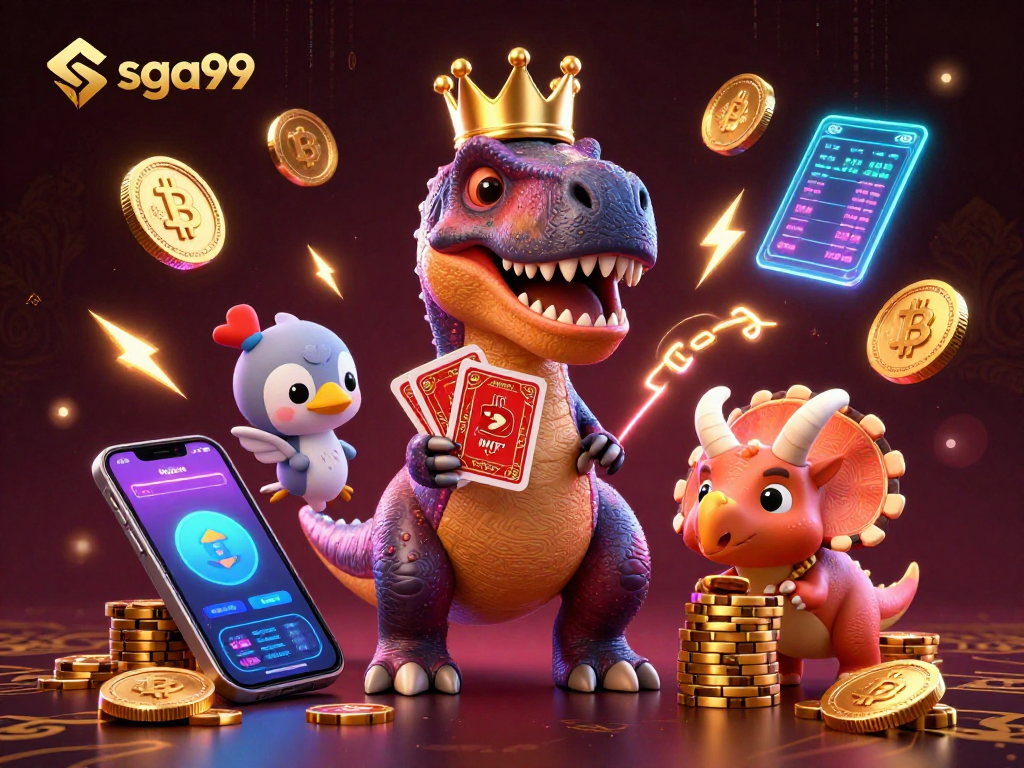 Engage with SGA99's thrilling casino experience featuring a T-Rex juggling cards and crypto coins.
