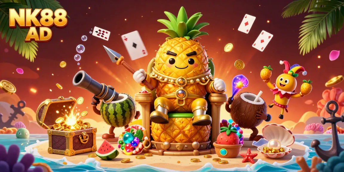 NK88 AD casino-themed artwork featuring a golden pineapple king and lively fruits in a vibrant beach scene.