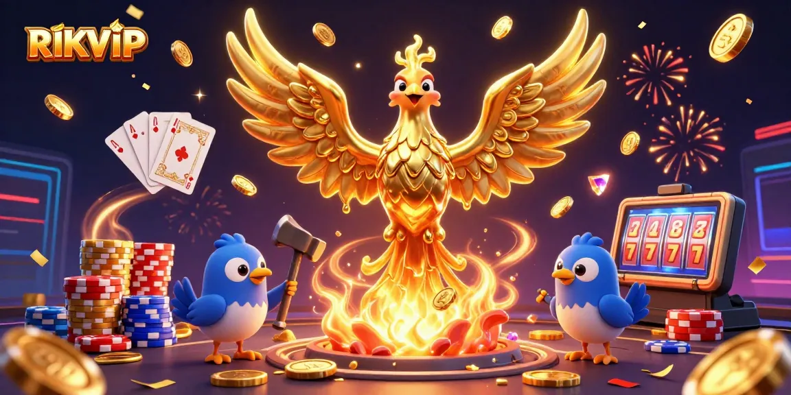 Experience the thrill at RIKVIP with a vibrant 3D casino scene showcasing winning games and golden treasures.