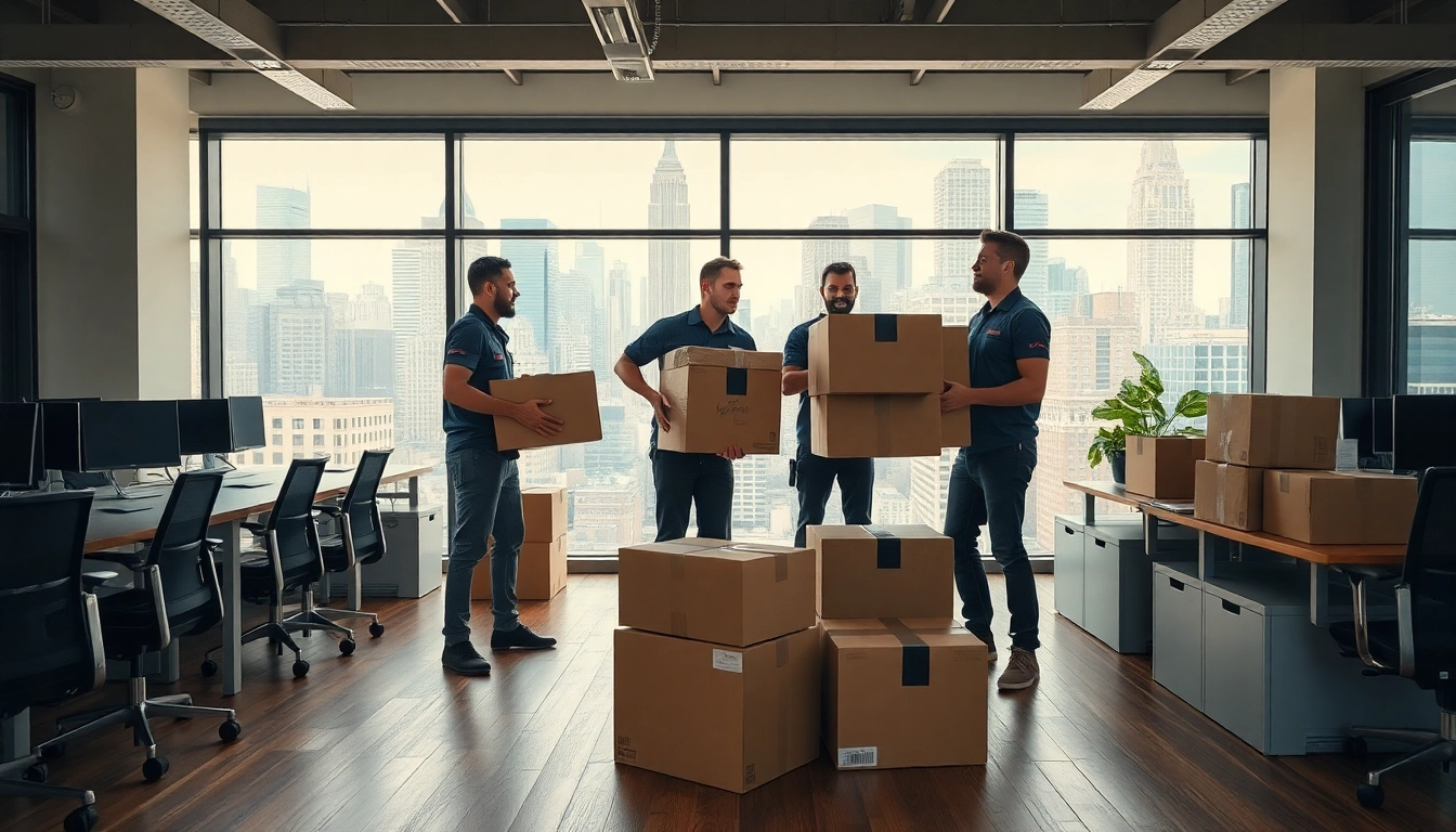Efficient office moving services NYC showcased through professionals relocating office furniture in a bustling NYC setting.