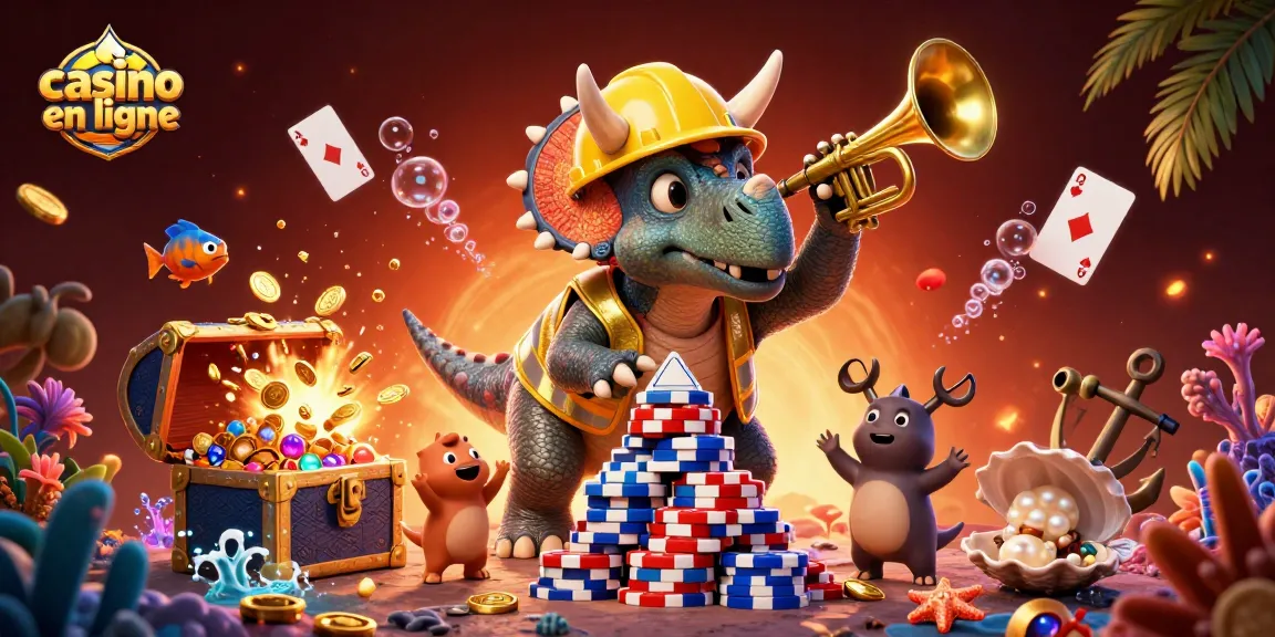 Casino en ligne : Tricératops et parasaurolophus célèbrent des gains avec des jetons de poker.