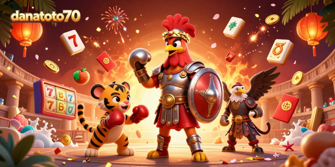 Engage with danatoto70's vibrant casino scene featuring a rooster and tiger cub, enhanced with lively slot reels.