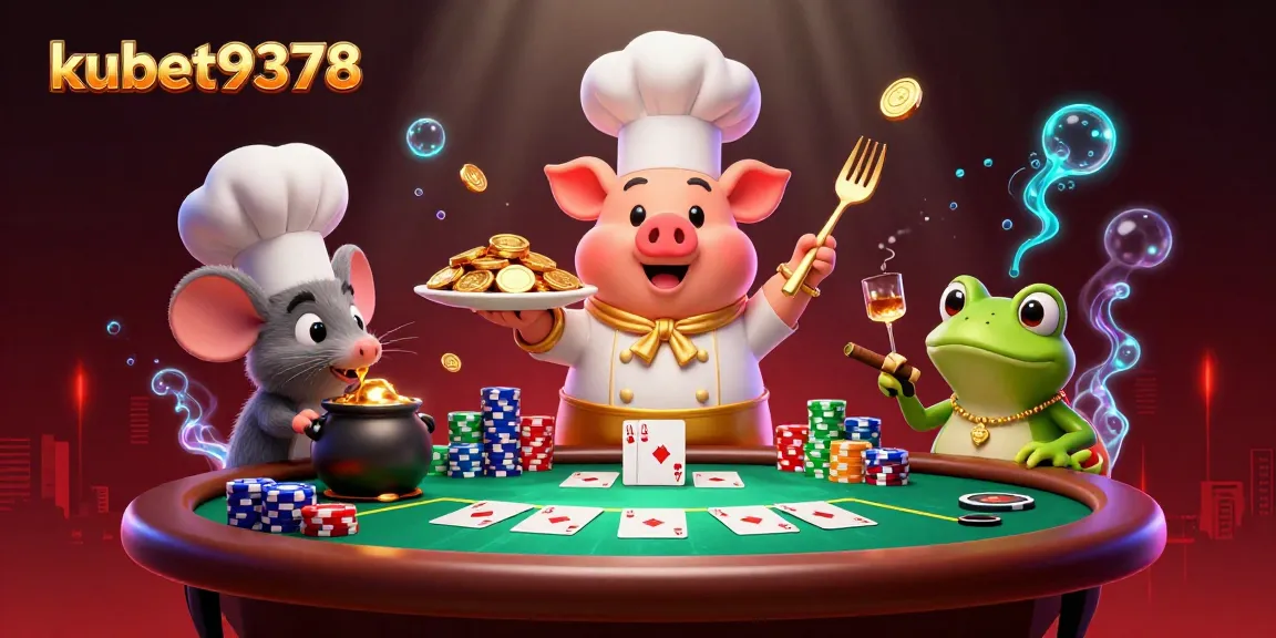 Experience excitement with kubet9378's vibrant casino scene featuring gold coins, poker chips, and animated characters.