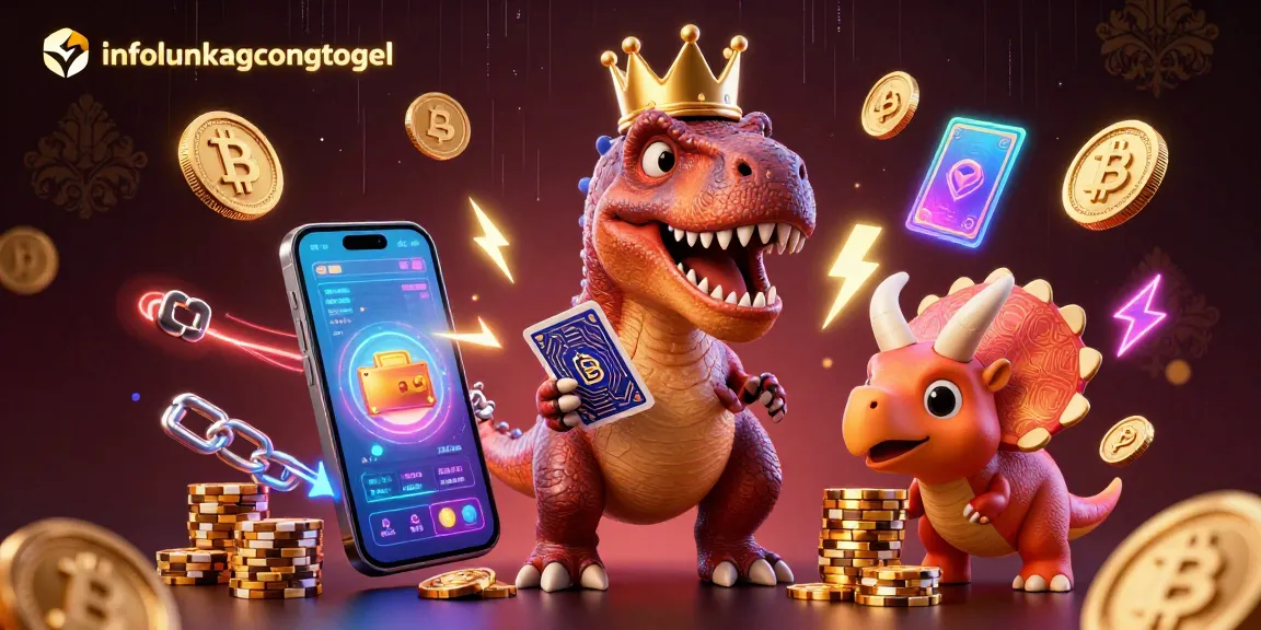 Engage with exciting card games at infolengkapcongtogel, featuring a playful T-Rex and colorful crypto elements.