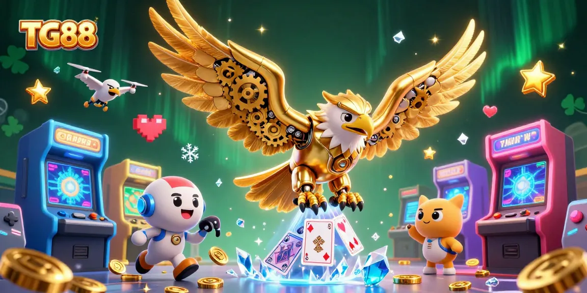 Experience the thrill of winning at TG88 with a spectacular 3D scene featuring a golden eagle amidst casino elements.