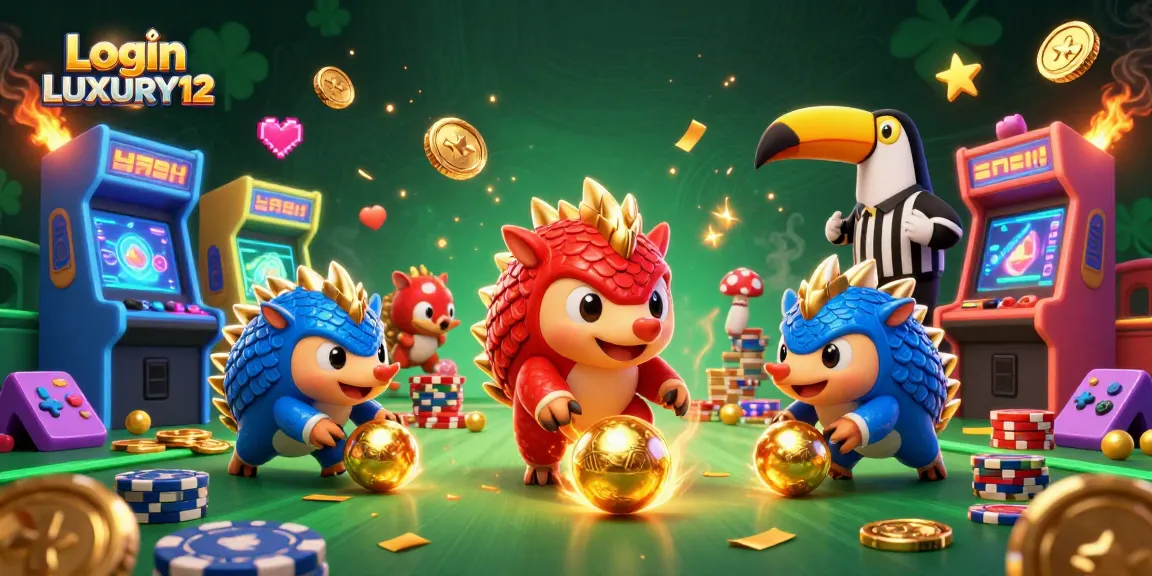 Login LUXURY12 menampilkan pangolin bersaing sambil menggelindingkan bola emas dalam suasana permainan kasino yang seru.