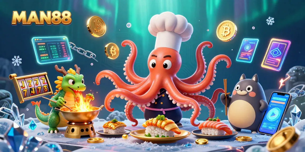 Engage with MAN88 by watching a sushi chef octopus prepare winning dishes in a colorful casino scene.