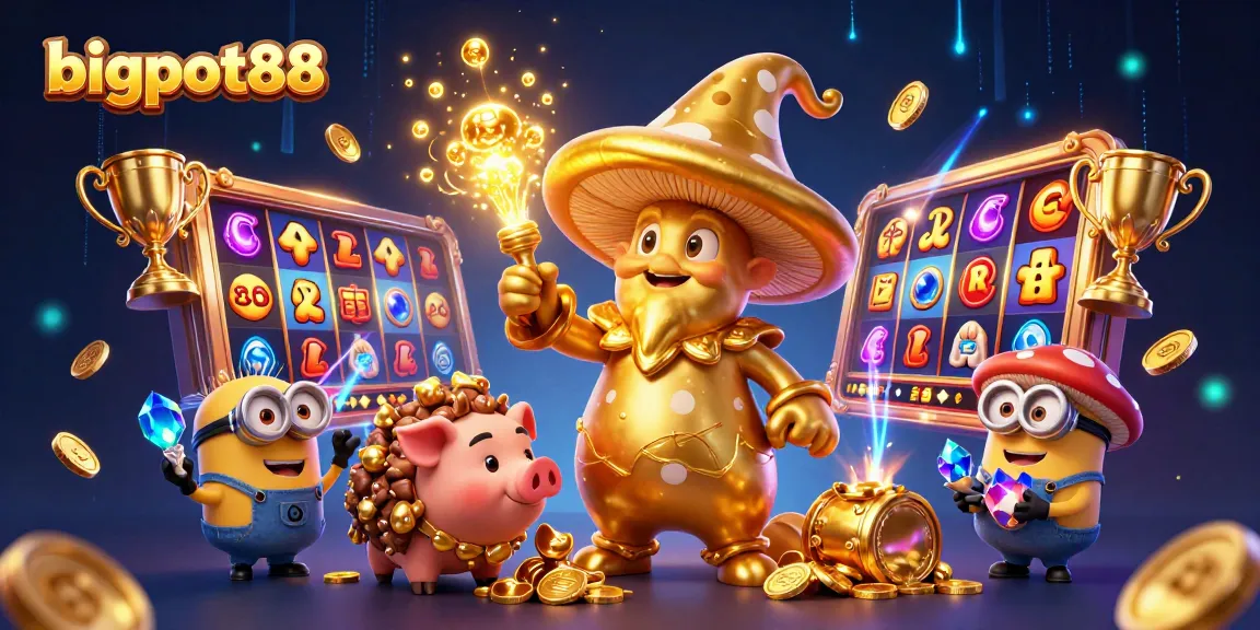 bigpot88 menghadirkan suasana penuh warna dengan mesin slot, trofi emas, dan karakter magis yang menarik perhatian.