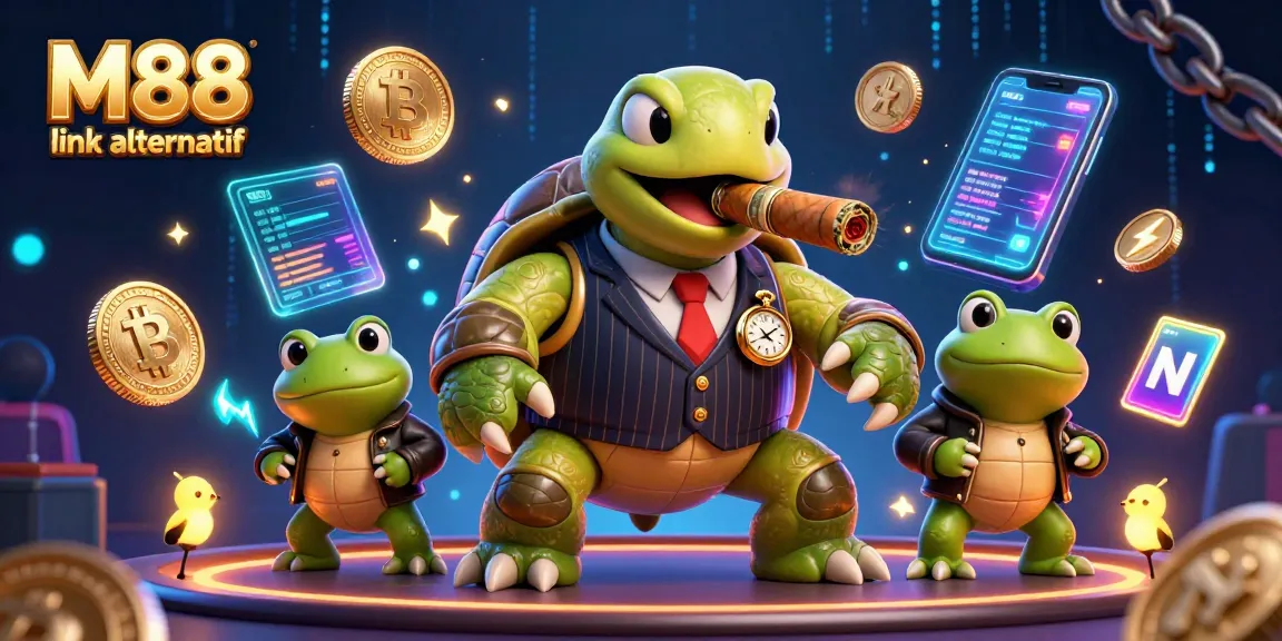 Place bets with M88 link alternatif featuring a rich casino scene of cartoon characters and crypto elements.