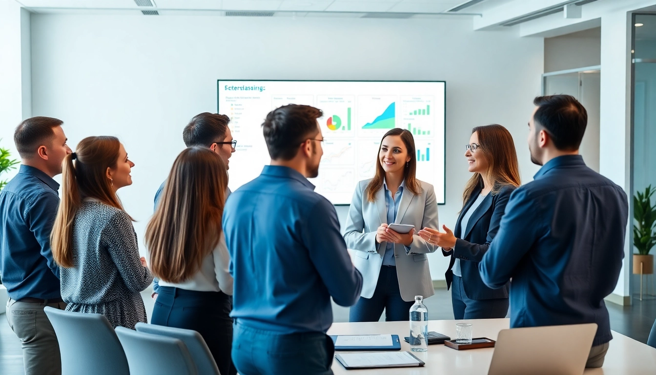Collaborative discussion showcasing product commercialization services among diverse professionals in a modern office.