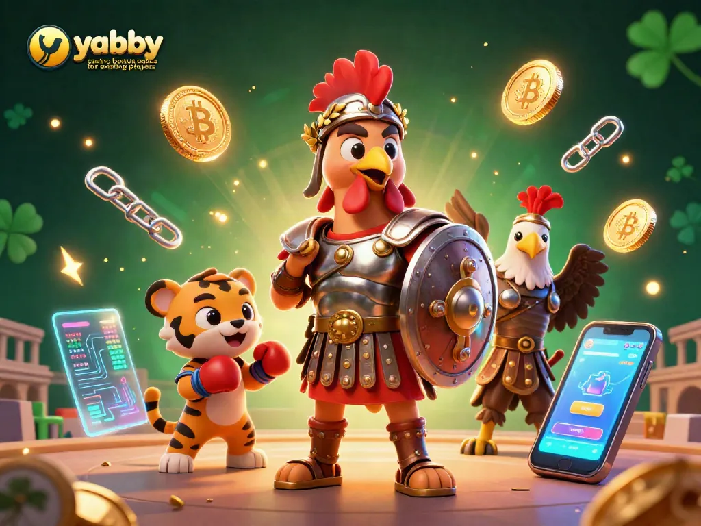 Engage with yabby casino bonus codes for existing players in a vibrant 3D casino scene featuring crypto elements.