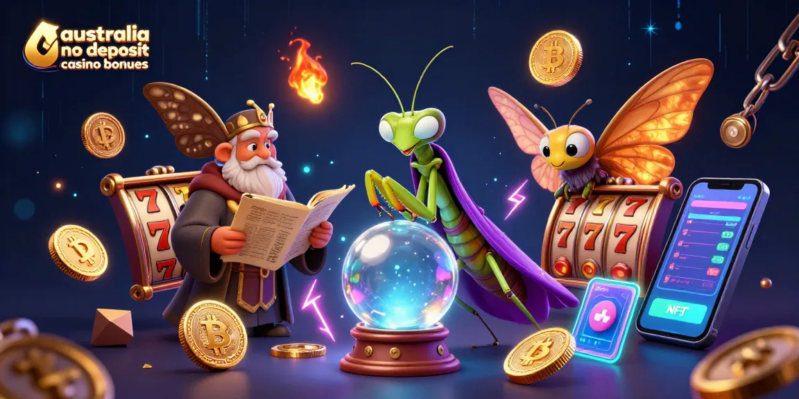 Win with australia no deposit casino bonuses in a vibrant 3D fantasy casino scene featuring lucky slots.