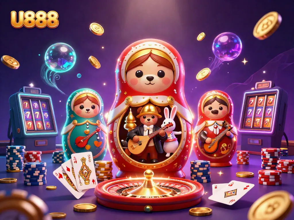 U888 reveals a vibrant casino world filled with cartoon characters and dazzling game elements, showcasing excitement and engagement.