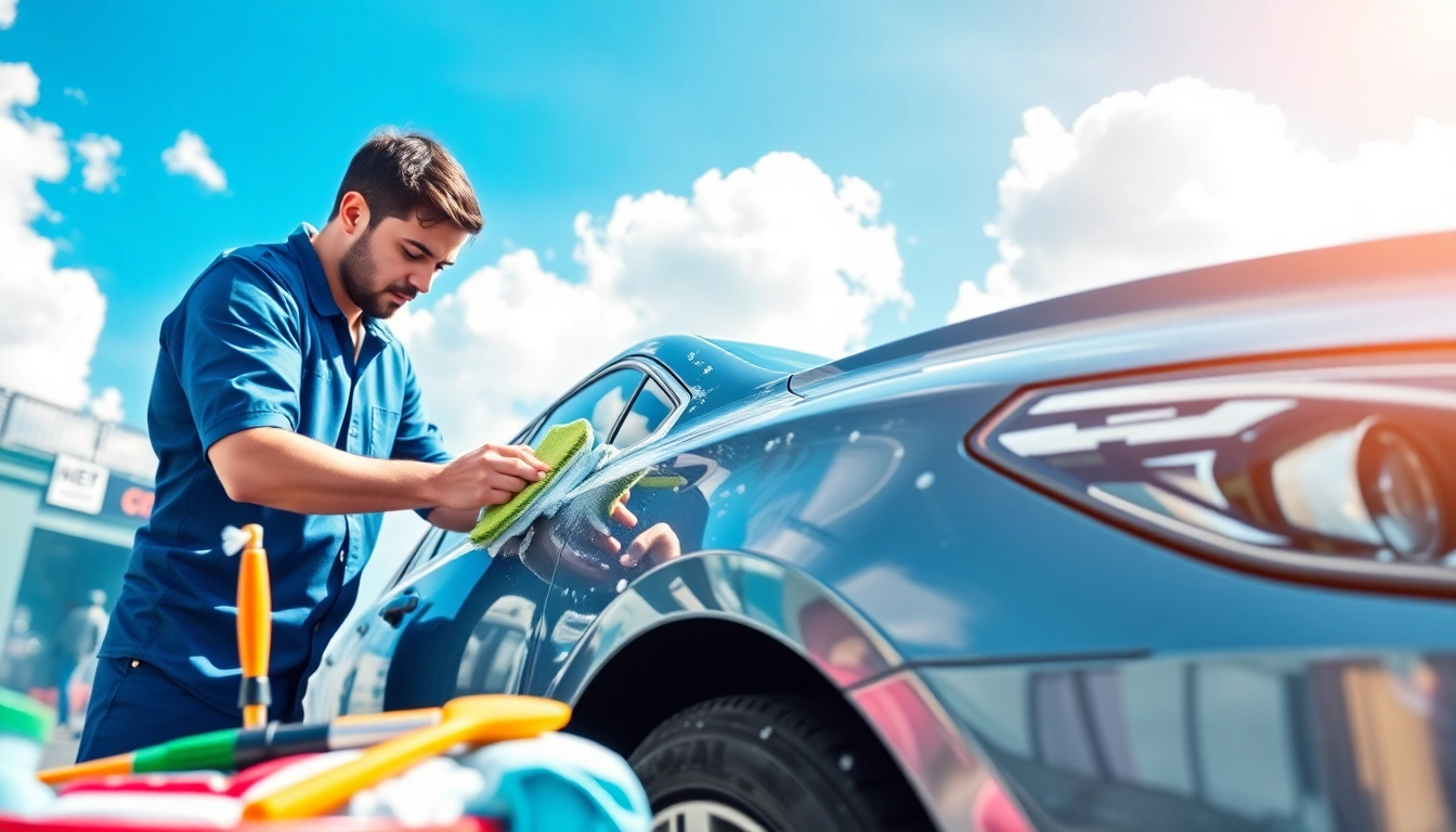 Mastering the car detailing routine step by step with a professional technician cleaning a vehicle.