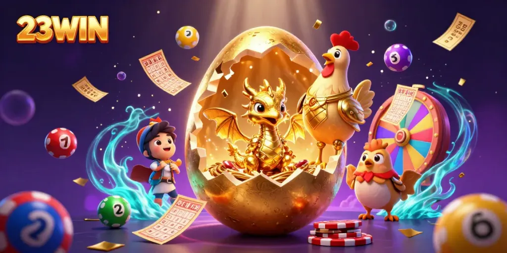 Experience thrilling gameplay with 23WIN's dynamic online casino illustration featuring a golden baby dragon and sparkling elements.