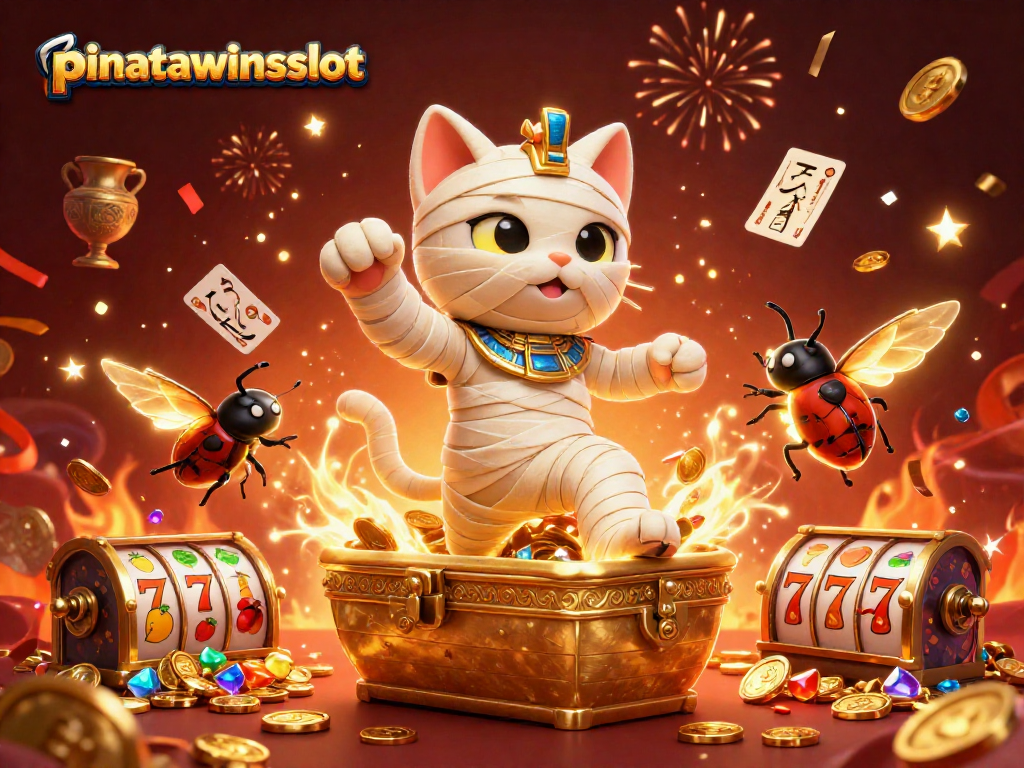 Experience the excitement of pinatawinsslot with animated mummy cat and glowing treasures in a colorful casino.