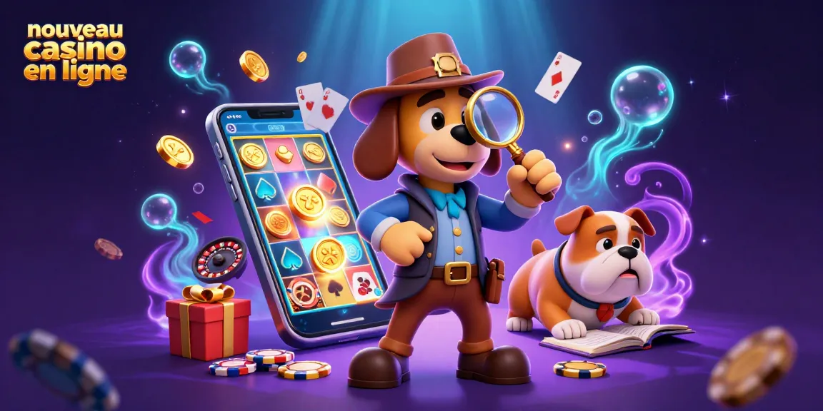 Examiner les indices d'un nouveau casino en ligne avec un chien détective et des éléments de jeu colorés.