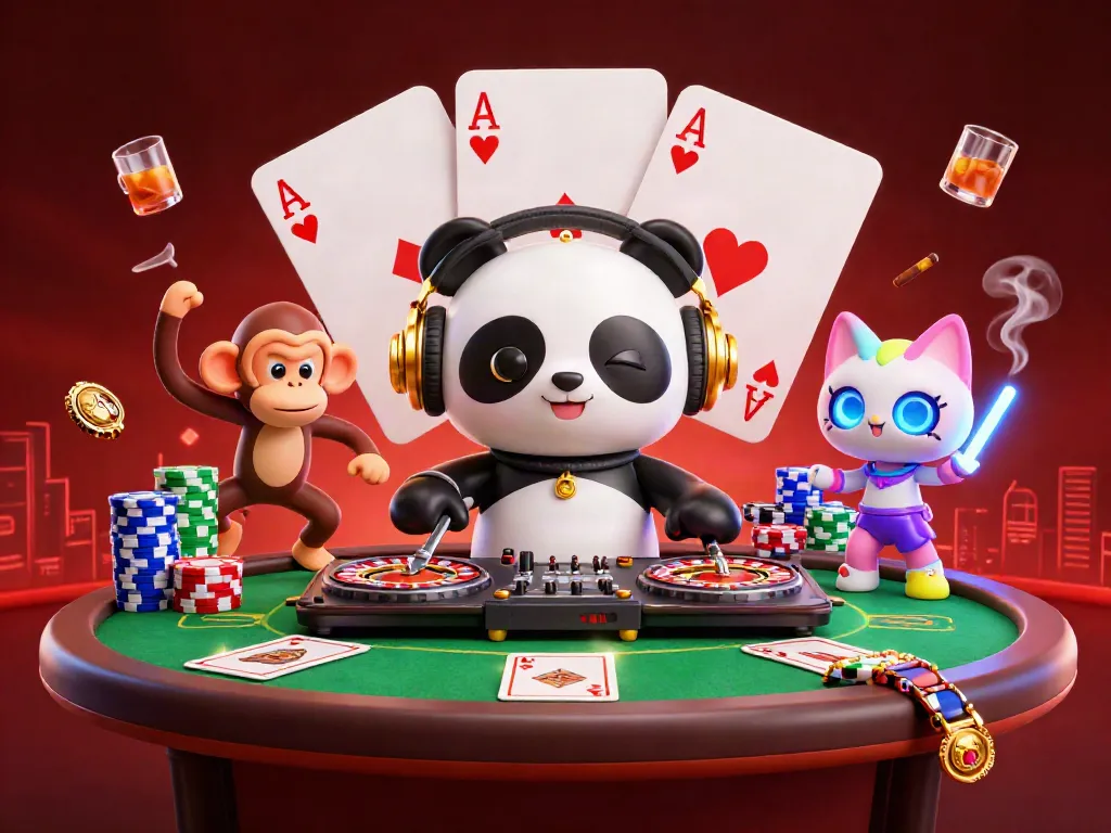 Engage with mcluckcasinobonuscodes in this vibrant casino scene featuring DJ panda and dancing characters.