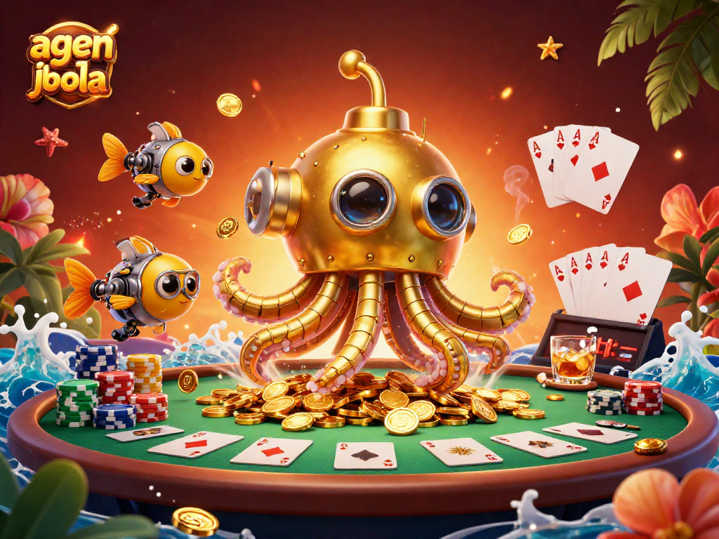 Experience dynamic gaming action with agen judi bola featuring a colorful poker scene and golden kraken submarine.