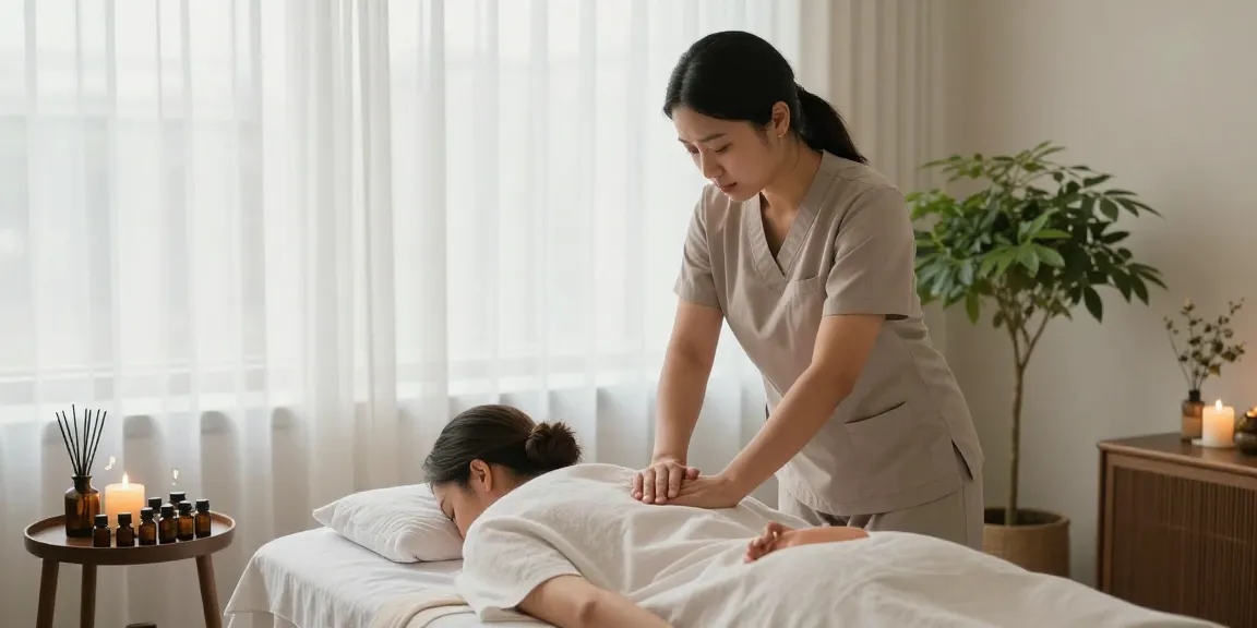 스웨디시 마사지 중인 모습, 아늑하고 편안한 스파 분위기.